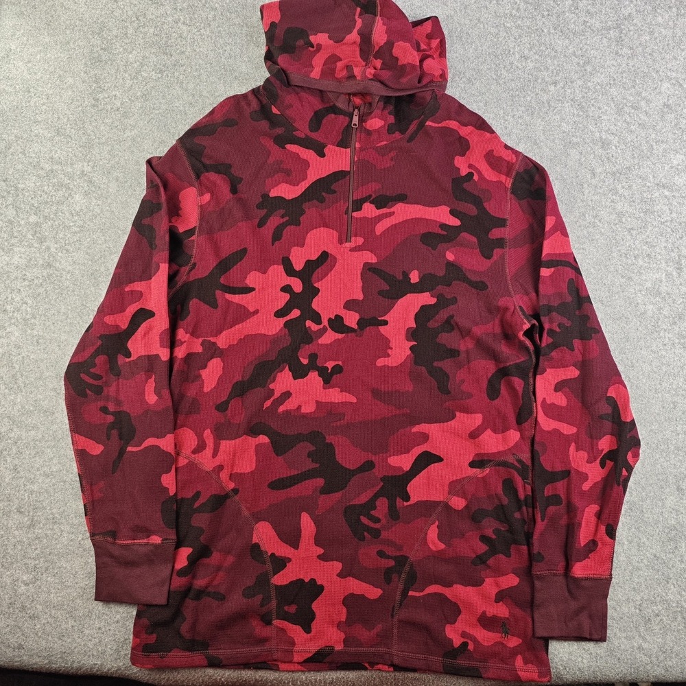 Polo Ralph Lauren Hoodie Large Red Black Camo Quarter Zip Pullover Cotton